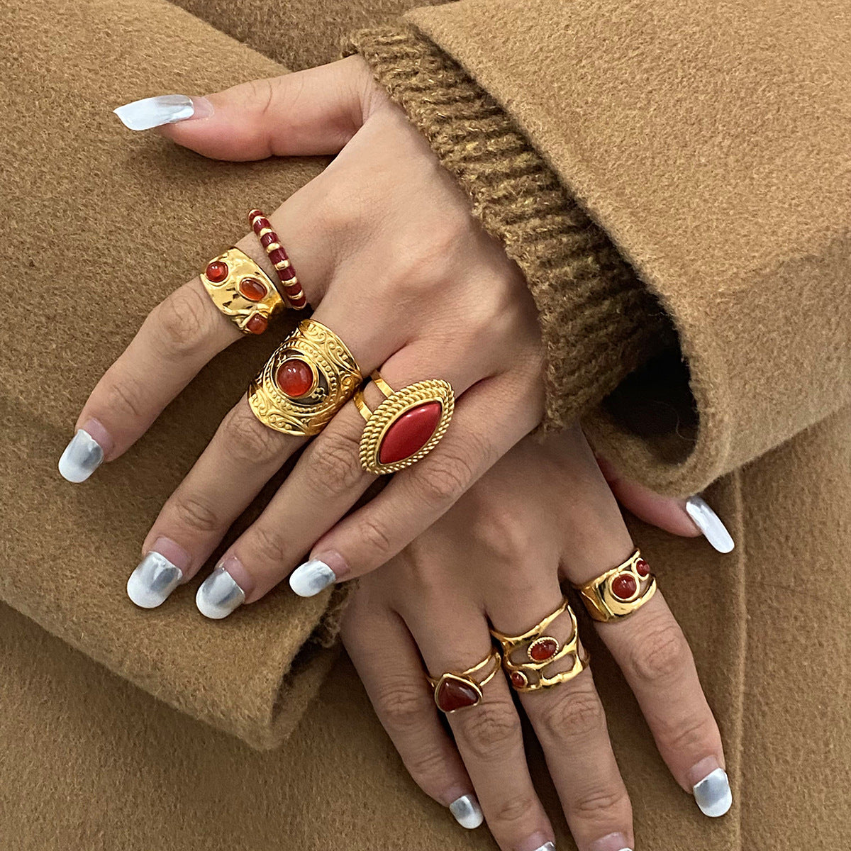 18k Gold Tone Red Heart Gem Jewelry Set - Pearl Accent Necklace/Earrings/Rings | INS-Style Daily/Brunch Accessories for Women