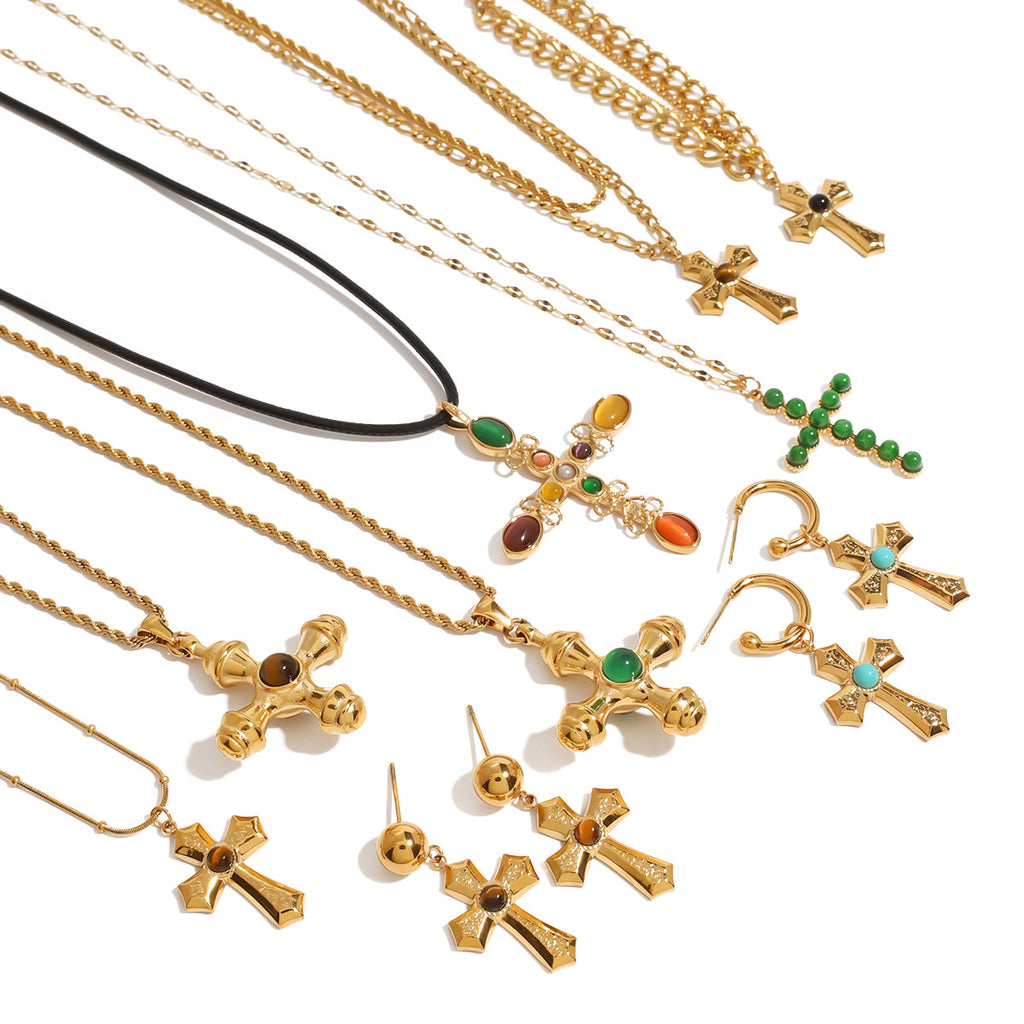 Gold Cross Necklace Set - Multi-Style Vintage Religious Statement Necklaces with Gemstones & CZ for Women