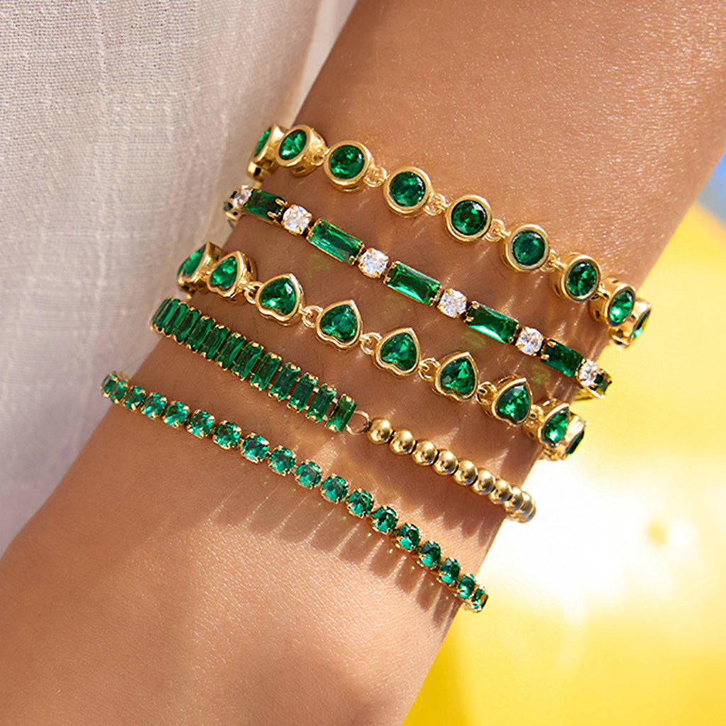 18k Gold Tone Emerald Bracelet Set - Heart/Square Gem Designs | INS-Style Stackable Daily/Brunch Wrist Jewelry for Women