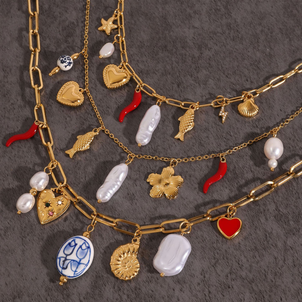 Gold Layered Ocean Theme Necklace Set - Shell/Starfish/Conch/Pearl Charms | Beach Nautical Statement Jewelry for Women
