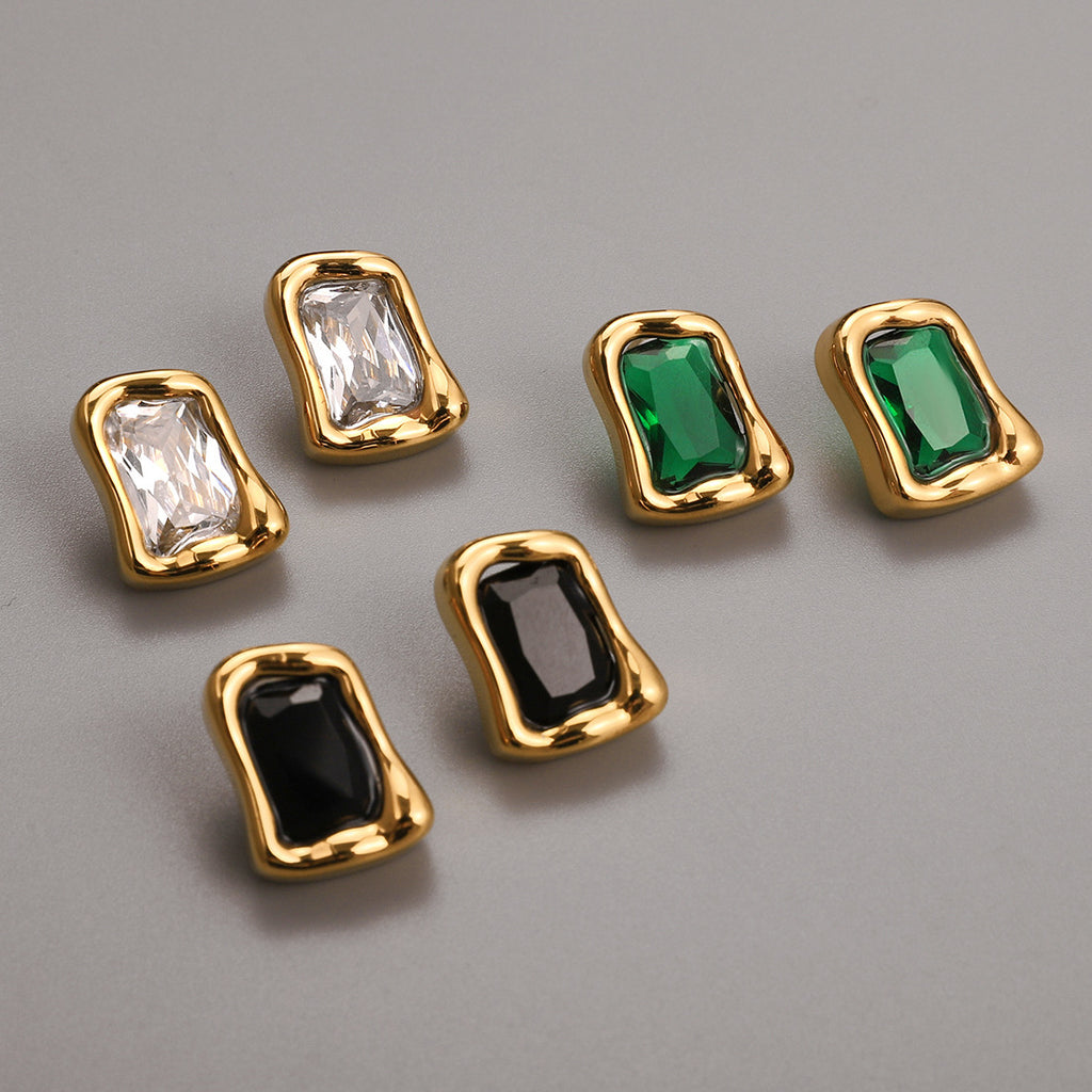 Gold Irregular Frame Gem Stud Earring Set - White/Green/Black Stone Accents | Modern Bold Daily/Brunch Jewelry for Women (Glossy Textured Gold Borders)