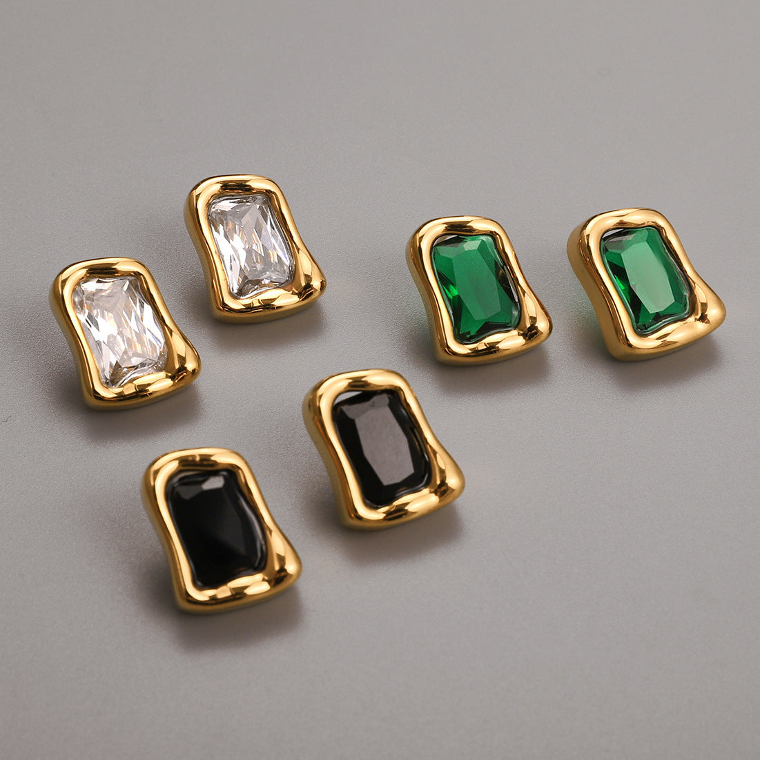 Gold Irregular Frame Gem Stud Earring Set - White/Green/Black Stone Accents | Modern Bold Daily/Brunch Jewelry for Women (Glossy Textured Gold Borders)