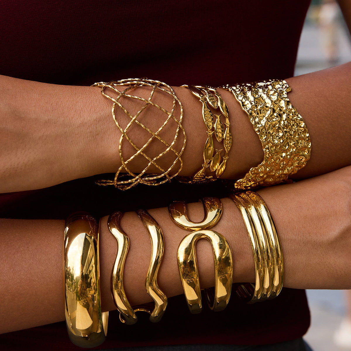 Gold Modern Bold Multi-Layer Bracelet & Necklace Set - Wave/Grid/Hammered Texture | Luxury Statement Wrist & Neck Jewelry for Women (Daily/Brunch/Party Wear)