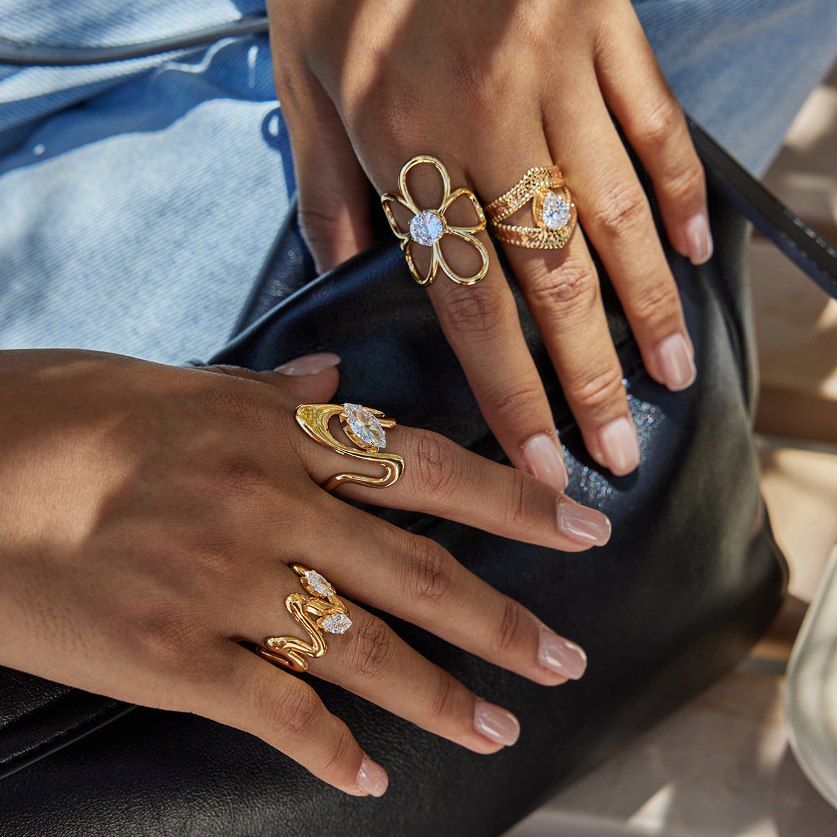 18k Gold Tone Crystal Ring Set - Bow/Heart/Letter/Arrow Designs | INS-Style Stackable Daily/Brunch Finger Jewelry for Women