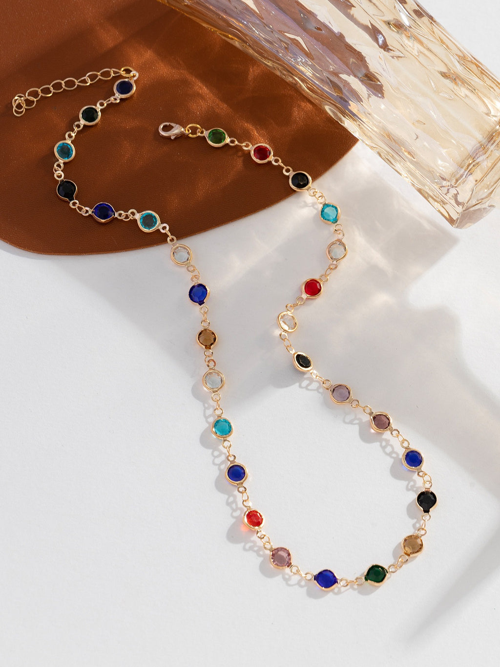 18k Gold Tone Multi-Layer Jewelry Set - Colorful Gem Necklace & Bracelet | INS-Style Daily/Brunch Accessories for Women