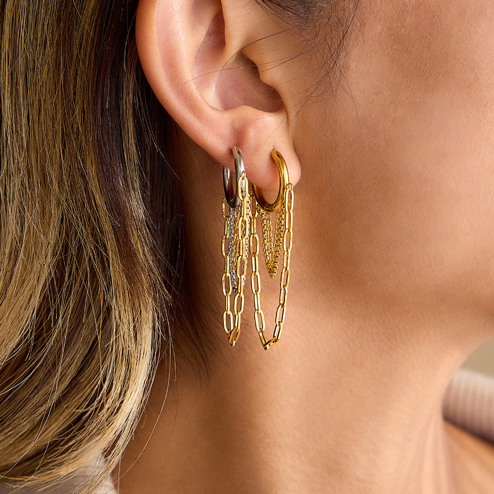 18K Gold-Plated Stainless Steel 2-Tone (Gold & Silver) Chain Fringe Oversized Hoop Earrings | Trendy INS-Style Statement Jewelry for Women | Bold Chic Fringe Hoop Earrings for Daily Wear & Party Outfits