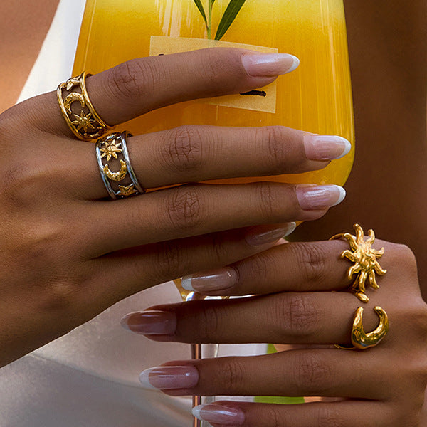 Gold & Silver Celestial Ring Set - Sun/Moon/Star Charms | Boho Layered Statement Jewelry for Women (Daily/Casual/Boho Outfit Wear)