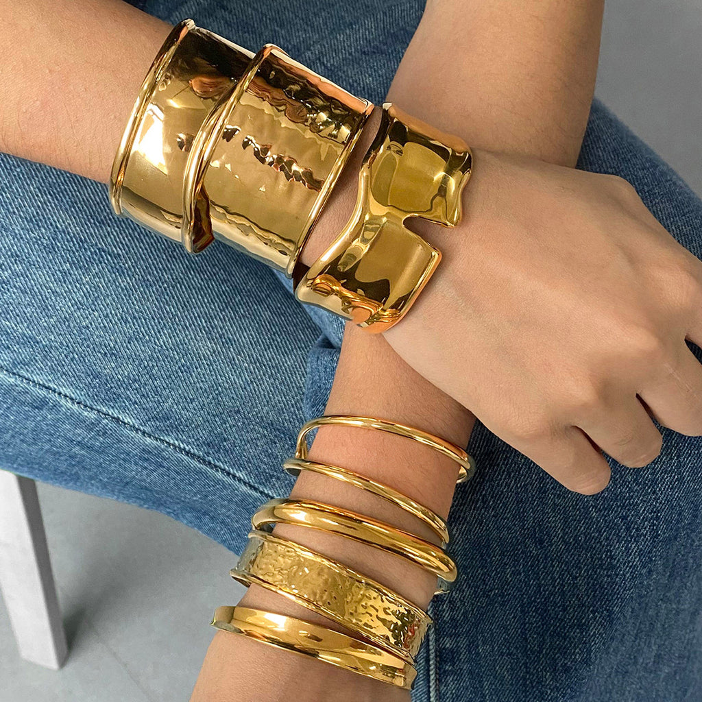 Gold Hammered & Glossy Bracelet Set - Stackable Bold Cuffs | INS-Style 18k Gold Tone Daily/Brunch Wrist Jewelry for Women