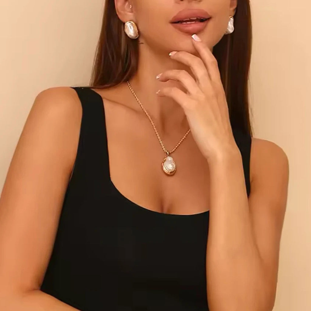 Gold Irregular Frame Baroque Pearl Jewelry Set - Necklace, Ring & Earrings | Organic Luxury Statement Accessories for Women (Daily/Brunch/Formal Wear)
