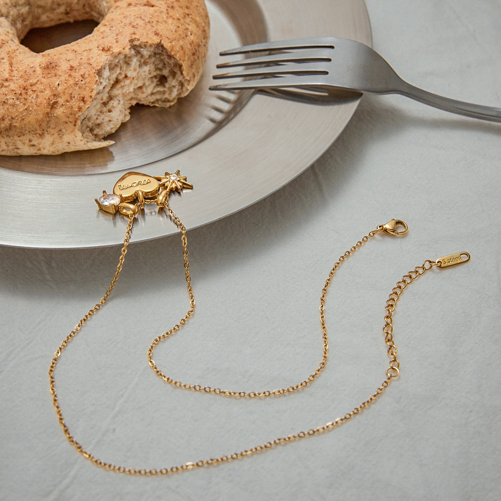 Gold Heart Initial Pendant Necklace - Crystal Accent & Adjustable Chain | INS-Style Daily/Brunch Neck Jewelry for Women