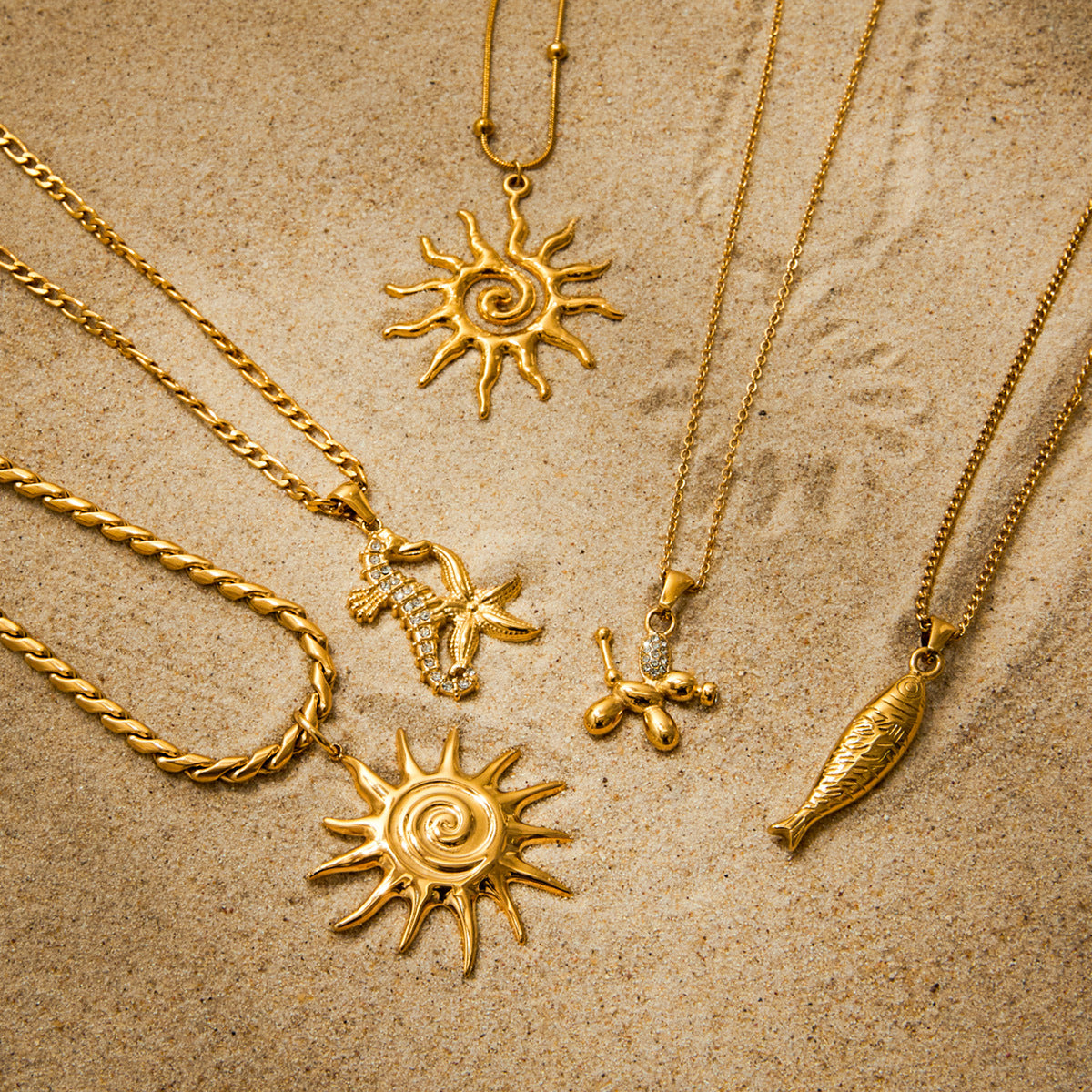 18k Gold Tone Ocean-Themed Jewelry Set - Seahorse/Starfish/Sun Pendants | INS-Style Necklace/Bracelet/Ring Daily/Brunch Accessories for Women 2. Google SEO Title