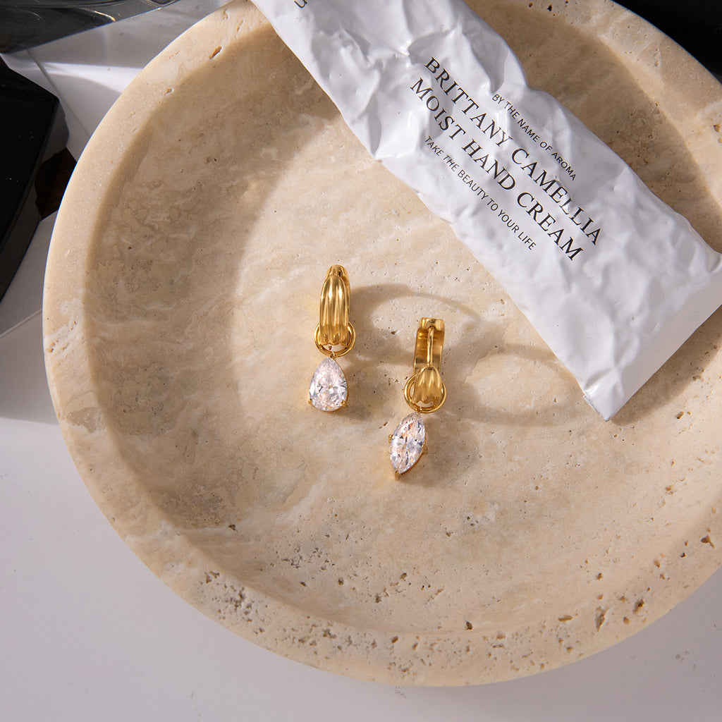 Gold Crystal Ear Set - Stone Cuff/Pear Huggies/Drop Studs | 18k Gold Tone INS-Style Daily/Brunch Ear Jewelry for Women