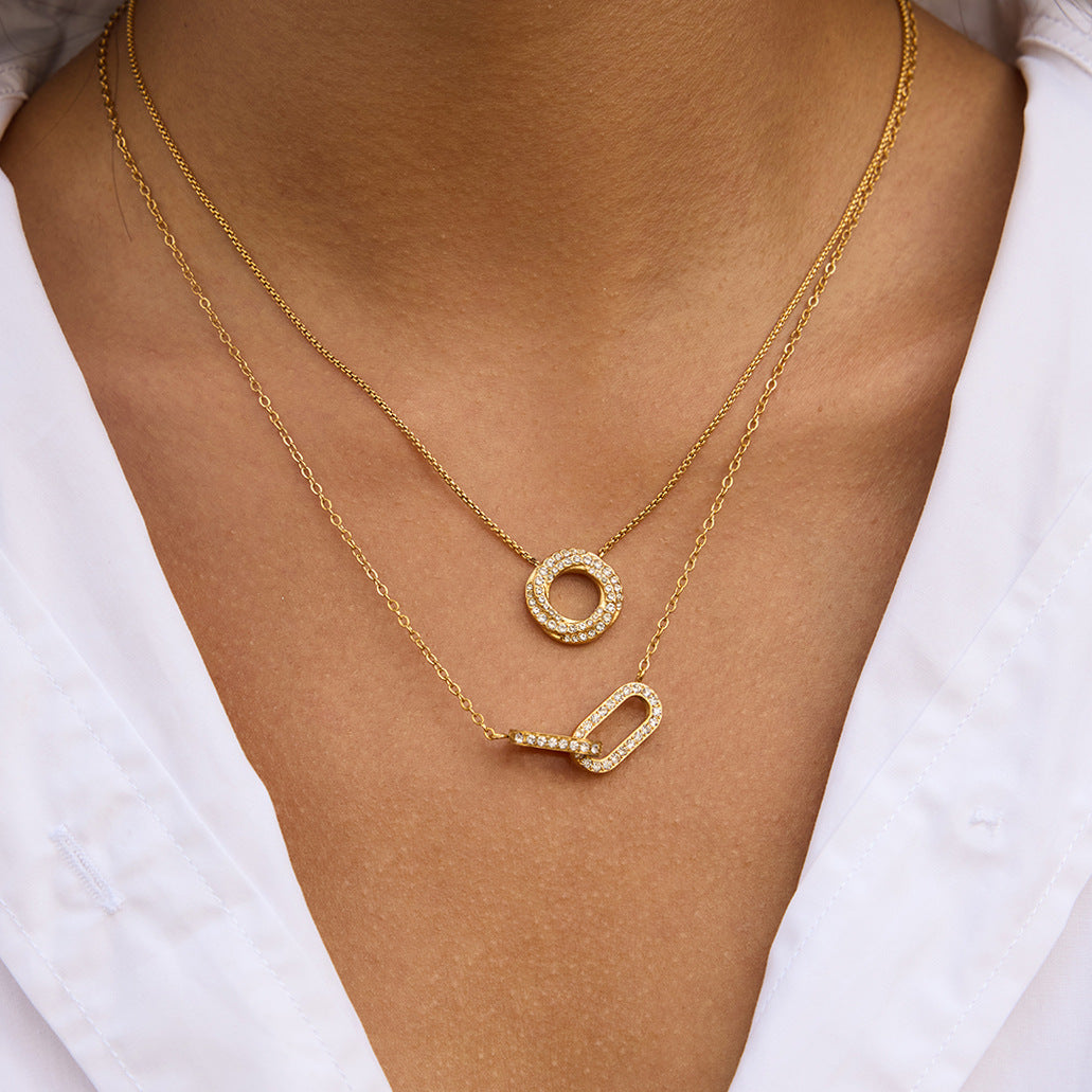 Gold Double-Layer Rhinestone Necklace - Circular & Rectangular Pendants | Modern Minimalist Daily/Brunch Neck Jewelry for Women