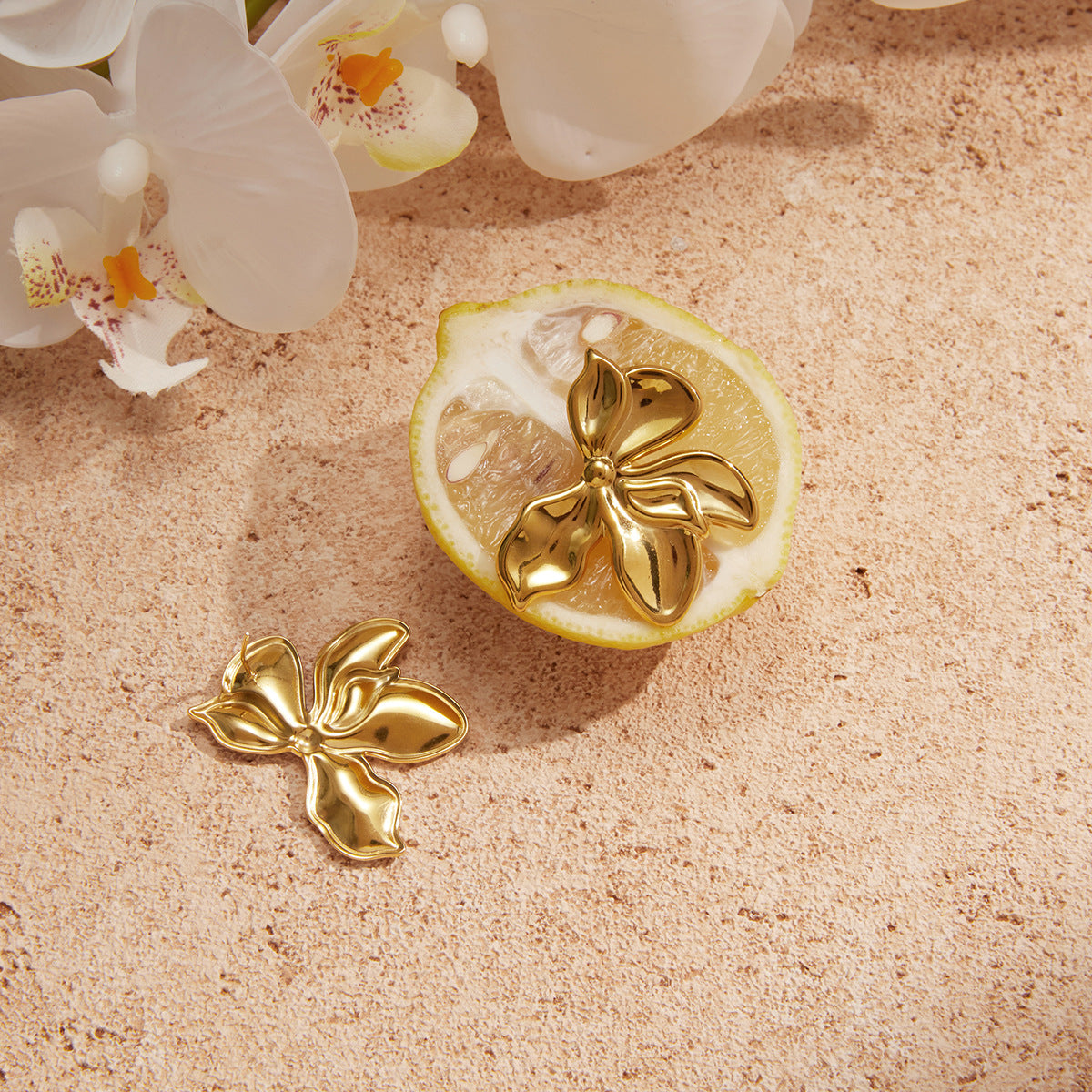 Gold Orchid Floral Statement Jewelry Set - Bold Sculpted Earrings & Ring for Women