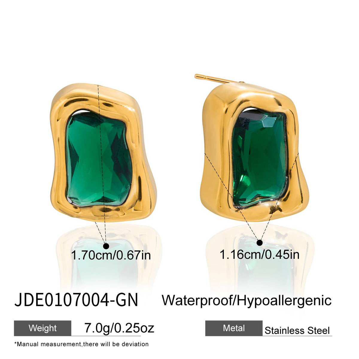 Gold Irregular Frame Gem Stud Earring Set - White/Green/Black Stone Accents | Modern Bold Daily/Brunch Jewelry for Women (Glossy Textured Gold Borders)