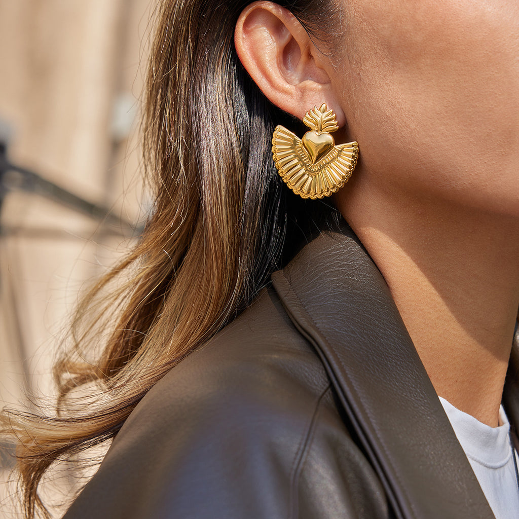 Artistic Golden Sacred Heart Statement Earrings - Vintage-Inspired Bold Jewelry for Women