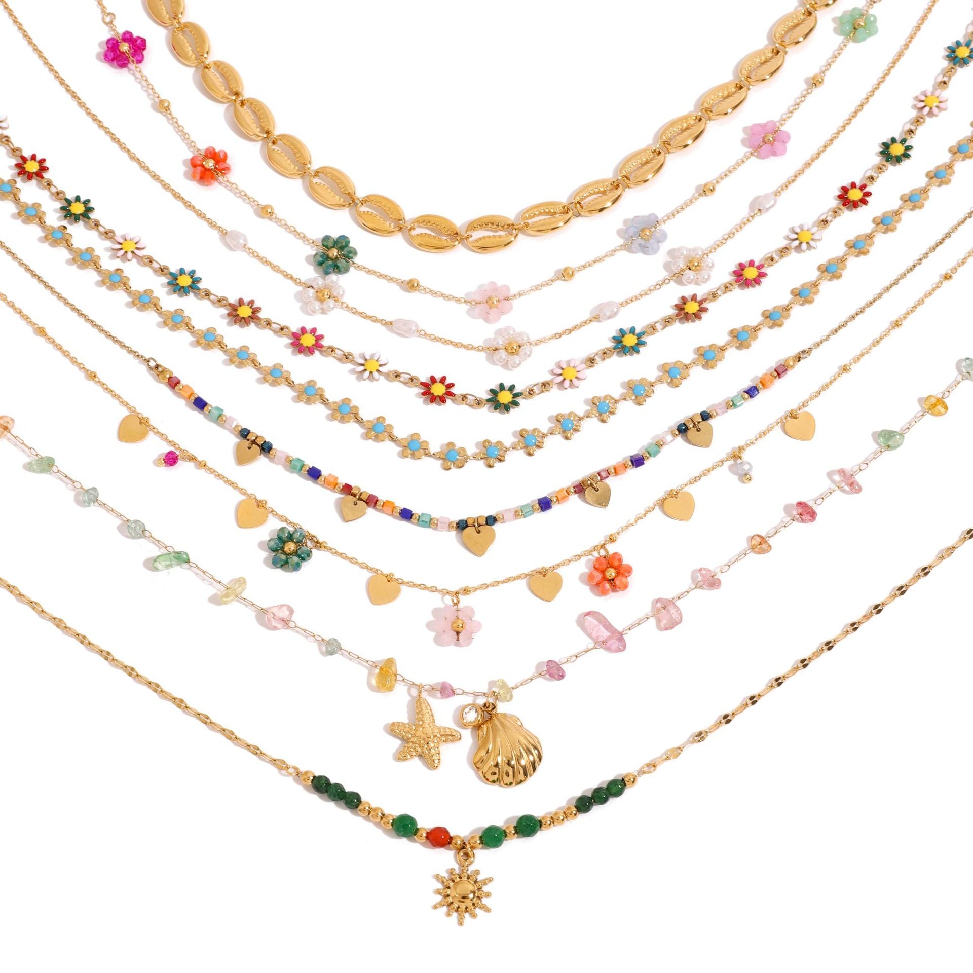 Gold Layered Boho Necklaces Set - Flower/Colorful Gem/Starfish/Pearl Charms | Summer Casual Statement Jewelry for Women