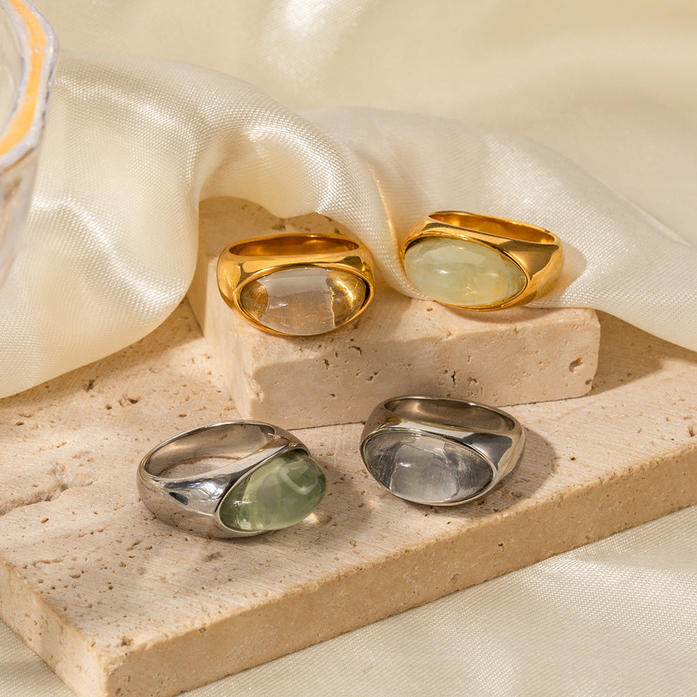 Gold & Silver Tone Gemstone Ring Set - Translucent Oval Stones | 18k INS-Style Minimalist Daily/Brunch Finger Jewelry for Women