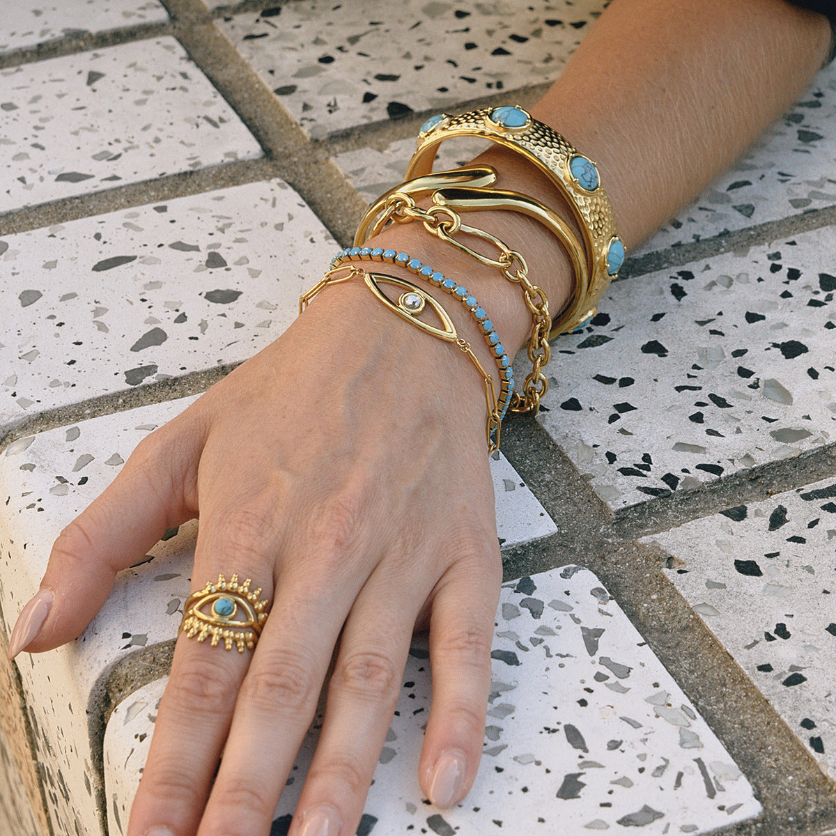 Gold Evil Eye Turquoise Jewelry Set - Layered Bracelets (Chain/Cuff) & Statement Ring | Boho Chic Statement Accessories for Women