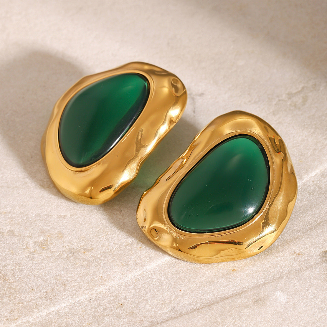 Gold Irregular Texture Emerald Stud Earrings - Bold Organic-Style Statement Jewelry for Women (Party/Formal/Casual Glam Wear)