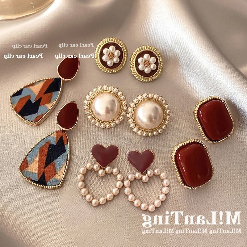 18k Gold Tone Pearl Red Ear Clip Set - Flower/Heart/Geometric Designs | INS-Style No-Piercing Daily/Brunch Accessories for Women