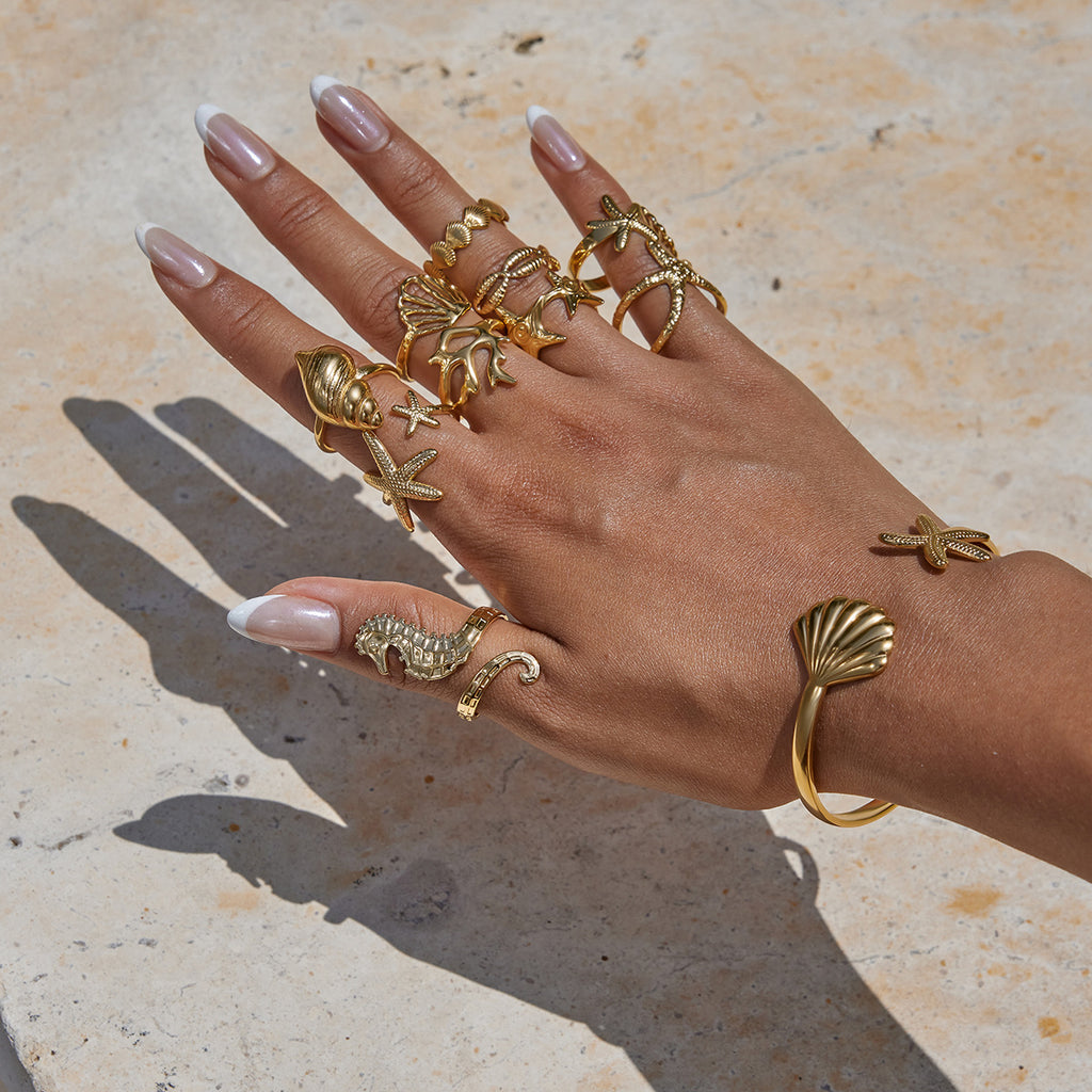 Gold Coastal-Chic Jewelry Set - Starfish/Shell/Coral Rings & Bracelet | Bold Ocean Motif Statement Accessories for Women (Beach/Daily/Brunch Wear)