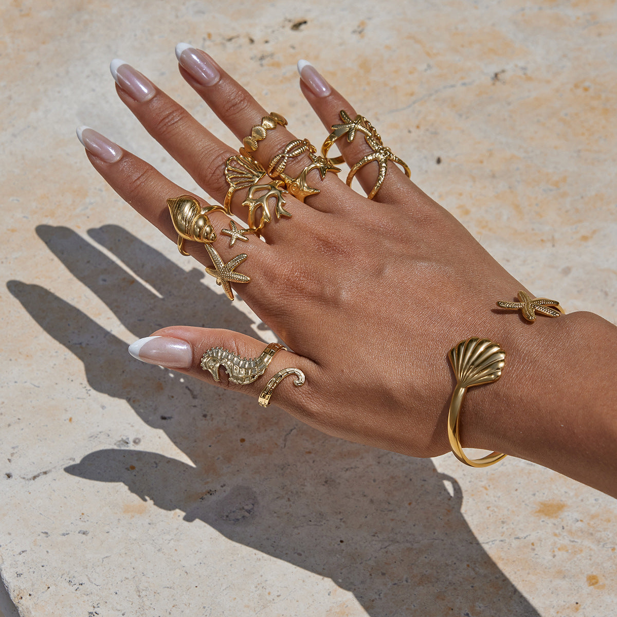 Gold Coastal-Chic Jewelry Set - Starfish/Shell/Coral Rings & Bracelet | Bold Ocean Motif Statement Accessories for Women (Beach/Daily/Brunch Wear)