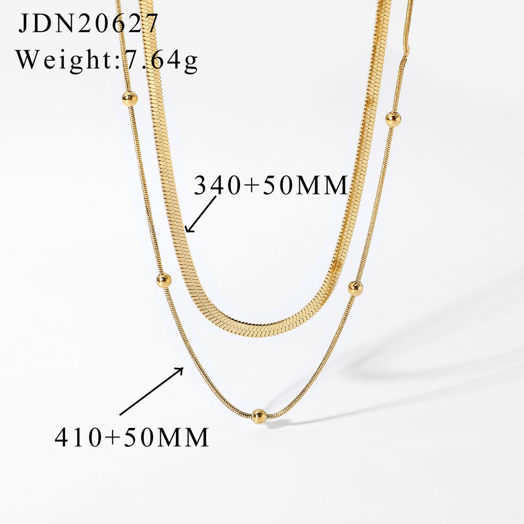 Gold Double-Layer Choker Necklace Set - Snake Chain & Beaded Detail | Modern Minimalist Daily/Brunch Neck Jewelry for Women (Glossy Gold Layered Style)