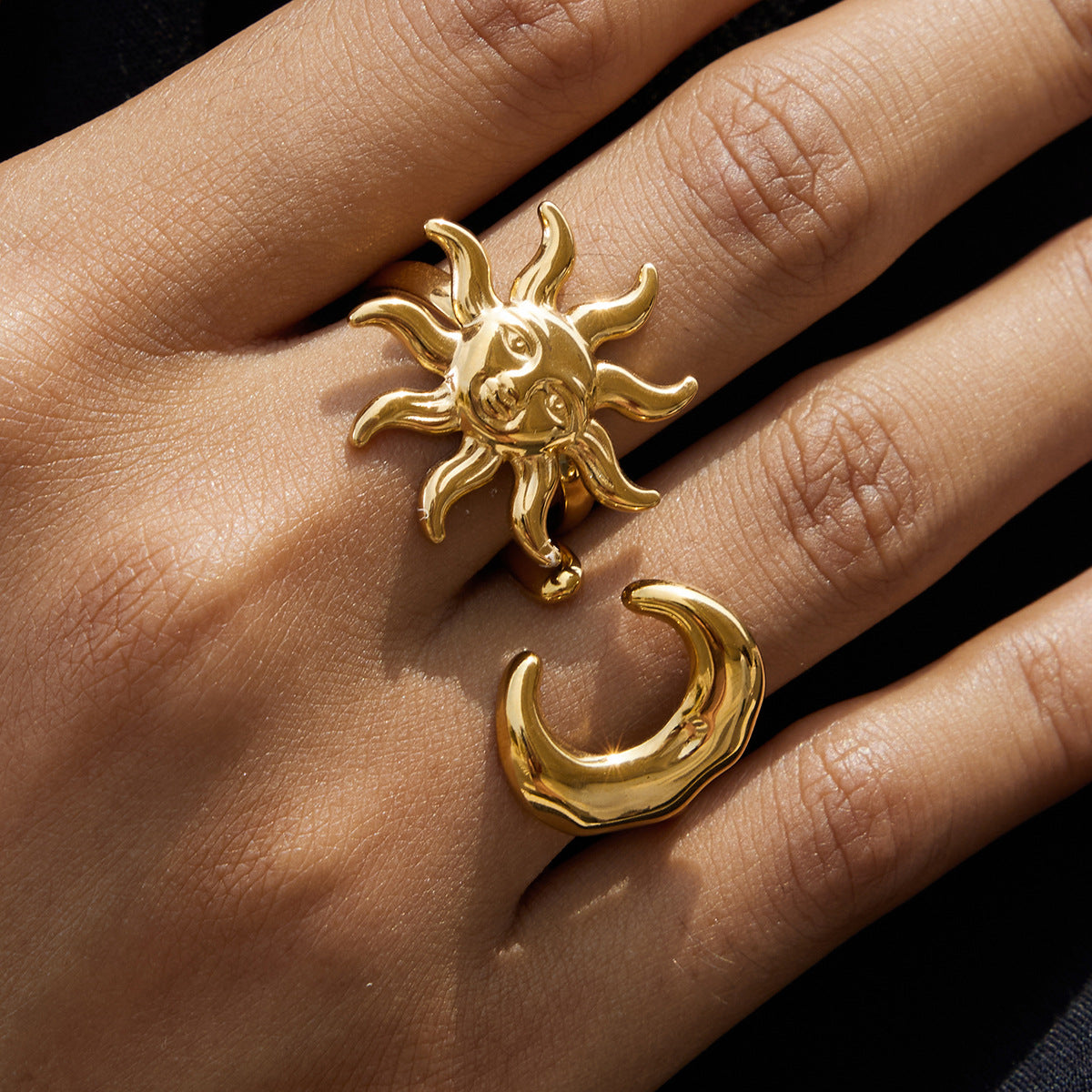 Gold & Silver Celestial Ring Set - Sun/Moon/Star Charms | Boho Layered Statement Jewelry for Women (Daily/Casual/Boho Outfit Wear)