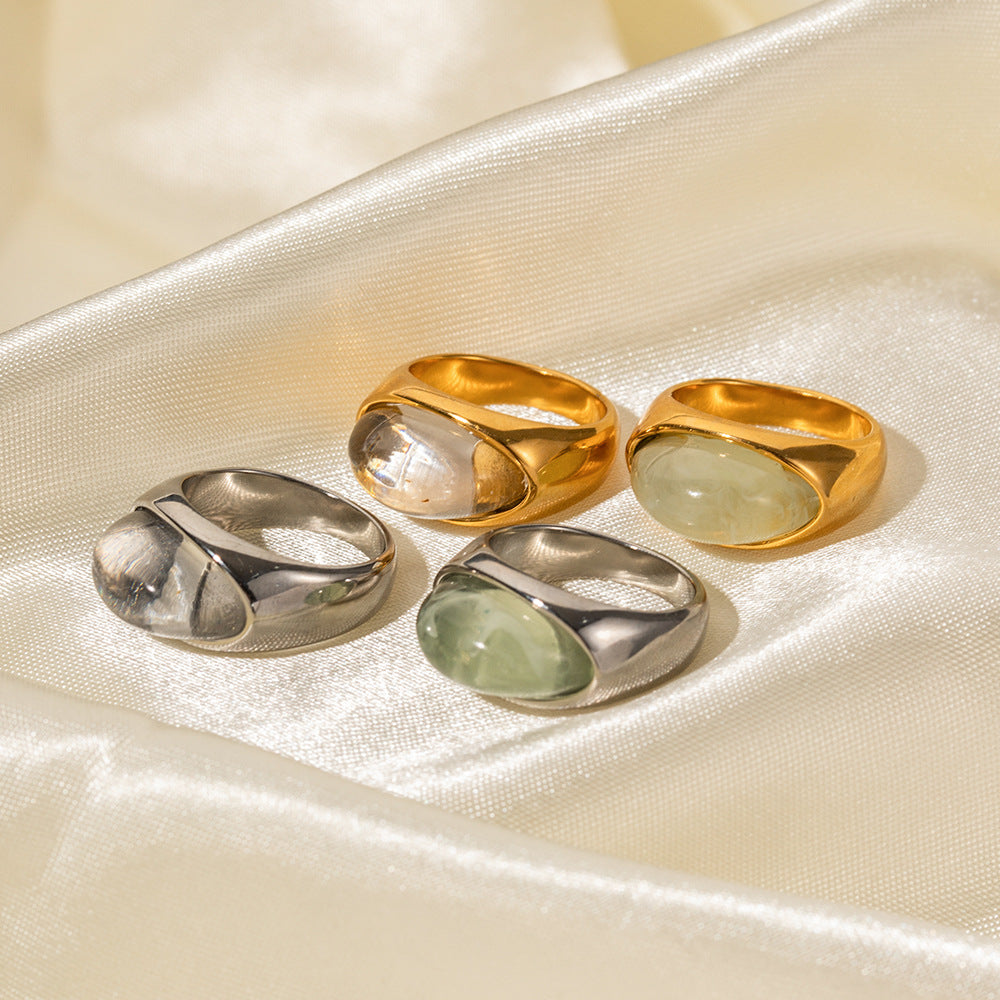 Gold & Silver Tone Gemstone Ring Set - Translucent Oval Stones | 18k INS-Style Minimalist Daily/Brunch Finger Jewelry for Women