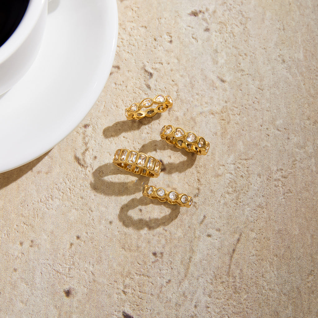 Gold Crystal Ring Set - Teardrop/Square/Heart/Circle Accents | 18k Gold Tone INS-Style Stackable Daily/Brunch Finger Jewelry for Women