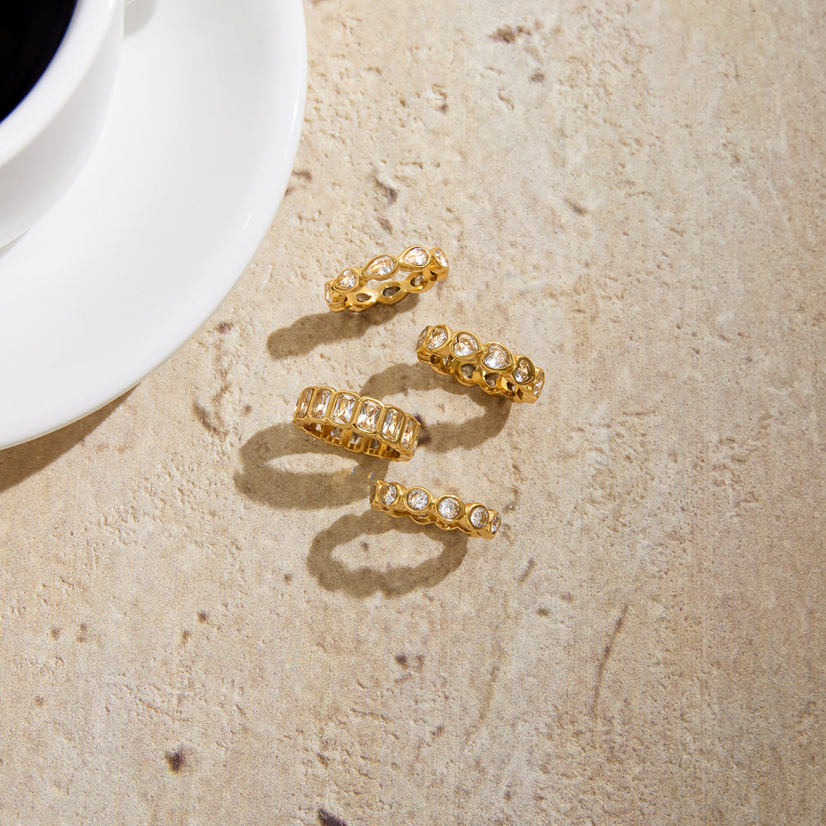 Gold Crystal Ring Set - Teardrop/Square/Heart/Circle Accents | 18k Gold Tone INS-Style Stackable Daily/Brunch Finger Jewelry for Women