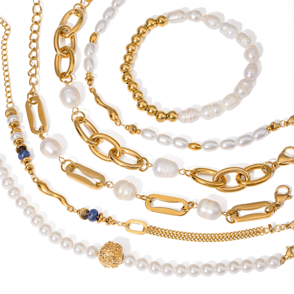 Baroque Pearl & Gold-Plated Stackable Bracelet Set | Lapis Lazuli Accent Chain Bracelets | Vintage Elegant INS-Style Jewelry for Women | Assorted Chunky & Dainty Designs for Daily Wear & Party Stacking