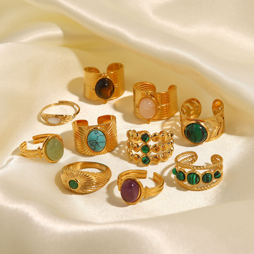 Gold Gemstone Statement Ring Set - Turquoise/Malachite/Tiger Eye | Retro Boho Stackable Daily/Brunch Finger Jewelry for Women