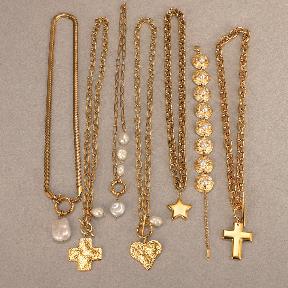 Gold Multi-Style Necklace Set - Pearl/Cross/Heart/Star Pendants (Snake/Curb Chain) Statement Jewelry for Women