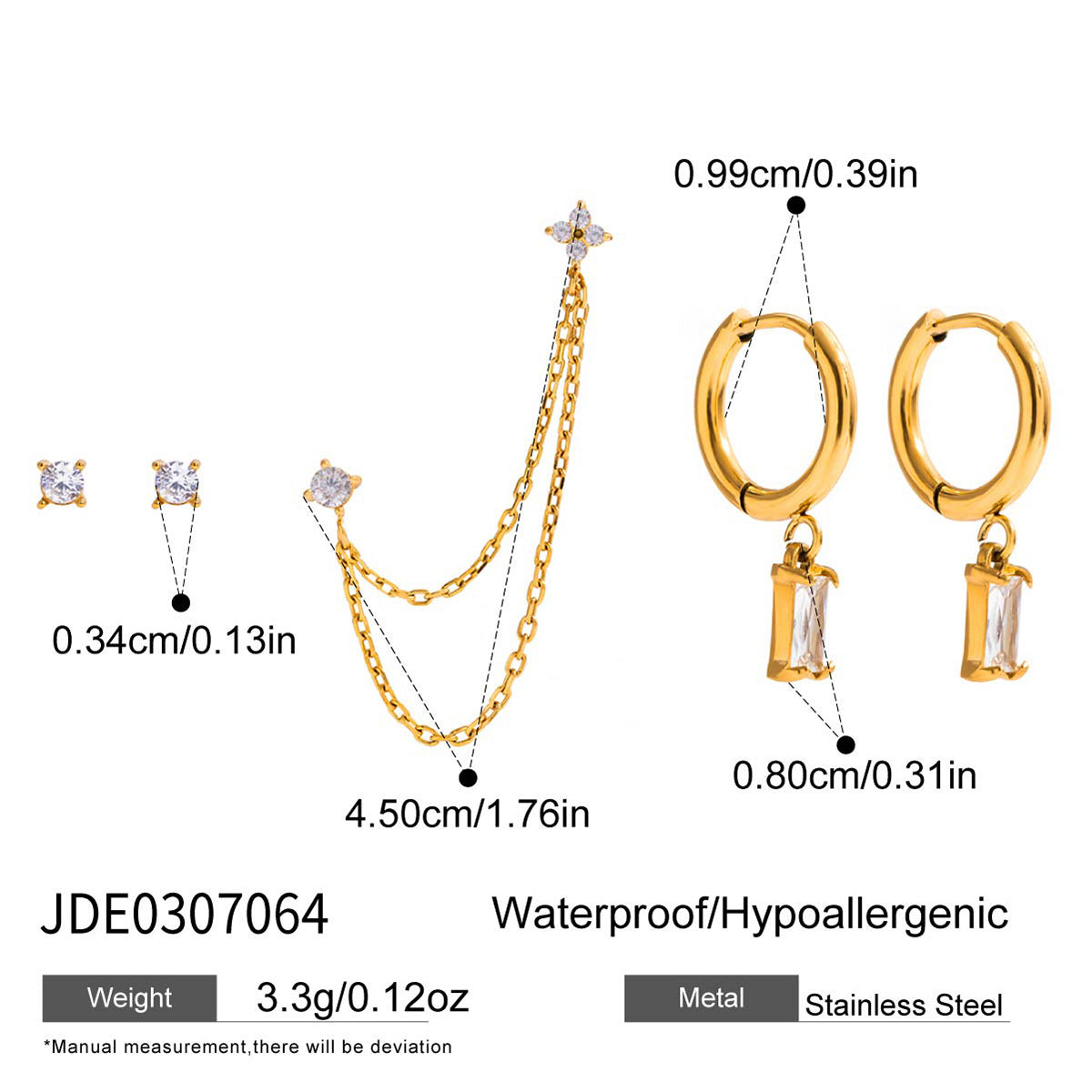 Gold Multi-Piercing Ear Stack Set - Gem-Accented Chain Link Studs & Hoop | Glam Asymmetric Layered Ear Jewelry for Women (Date Night/Party/Casual Glam Wear)