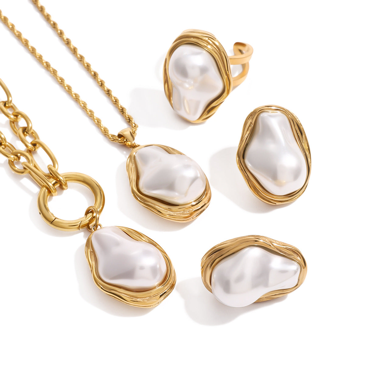 Gold Irregular Frame Baroque Pearl Jewelry Set - Necklace, Ring & Earrings | Organic Luxury Statement Accessories for Women (Daily/Brunch/Formal Wear)