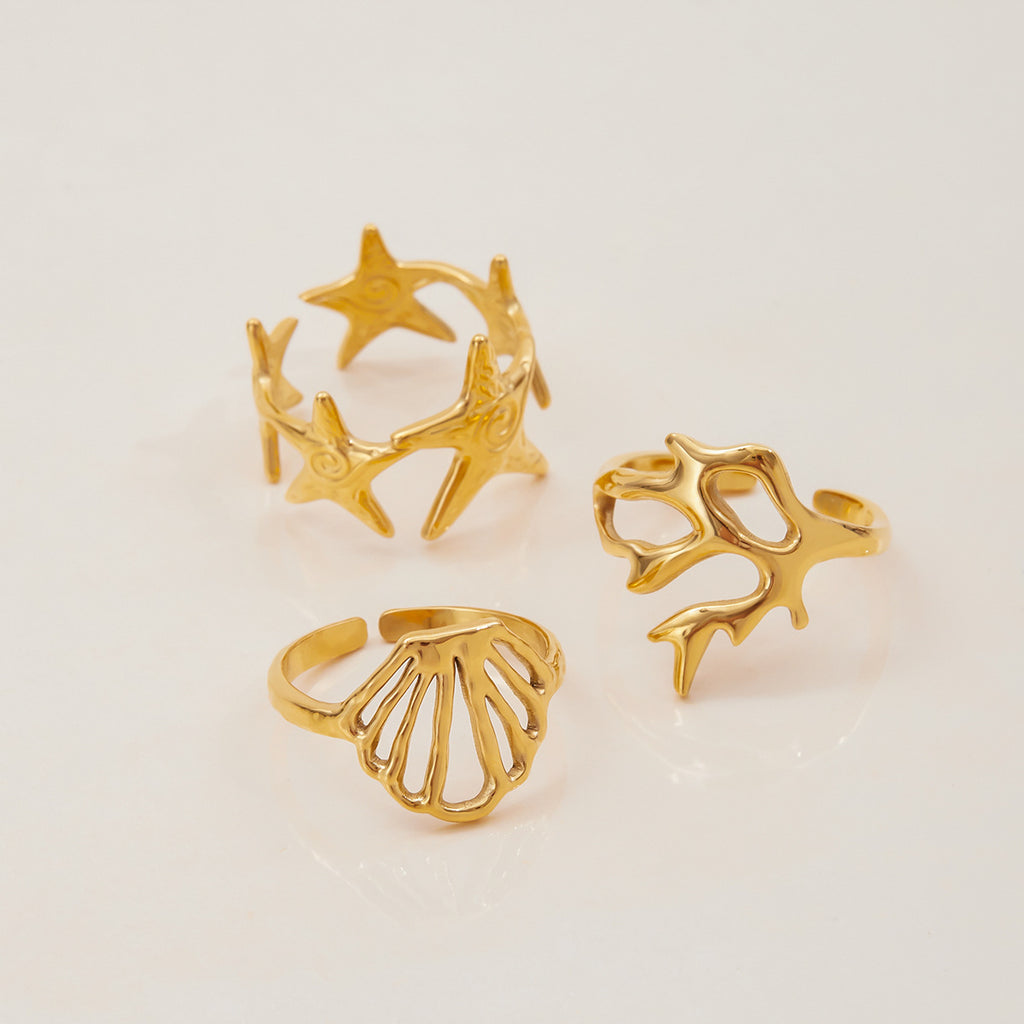Gold Coastal-Chic Jewelry Set - Starfish/Shell/Coral Rings & Bracelet | Bold Ocean Motif Statement Accessories for Women (Beach/Daily/Brunch Wear)