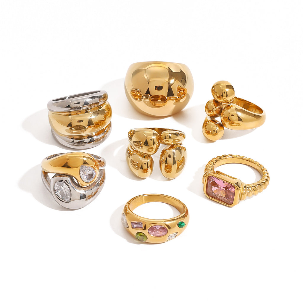 18k Gold/Silver Tone 3D Statement Ring Set - Colorful Gem Accents | INS-Style Stackable Daily/Brunch Finger Jewelry for Women