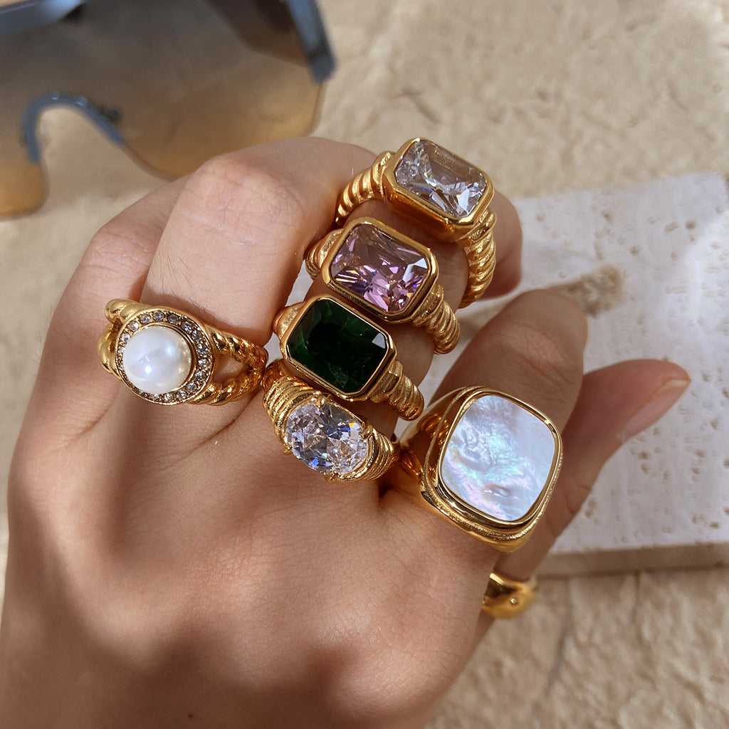 18k Gold Tone Ring Set - Emerald/Sapphire/Pearl/Star Designs | INS-Style Stackable Daily/Brunch Finger Jewelry for Women