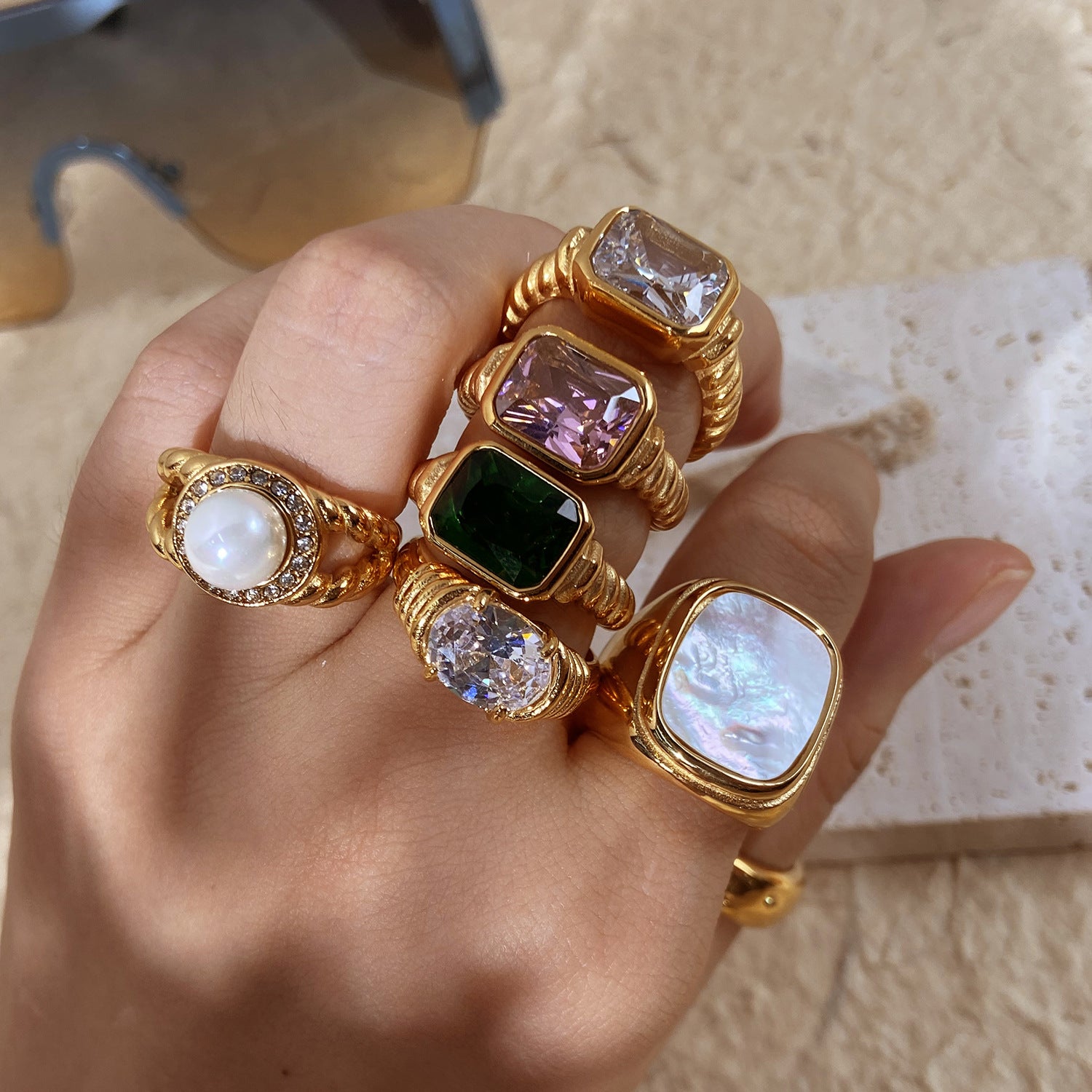 18k Gold Tone Ring Set - Emerald/Sapphire/Pearl/Star Designs | INS-Style Stackable Daily/Brunch Finger Jewelry for Women