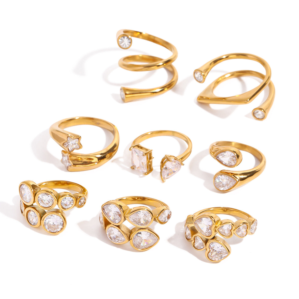 Gold Crystal Ring Set - Heart/Star/Multi-Stone Designs | 18k Gold Tone INS-Style Stackable Daily/Brunch Finger Jewelry for Women