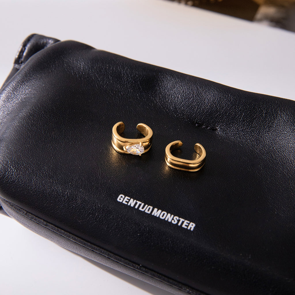 Gold Crystal Ear Set - Stone Cuff/Pear Huggies/Drop Studs | 18k Gold Tone INS-Style Daily/Brunch Ear Jewelry for Women