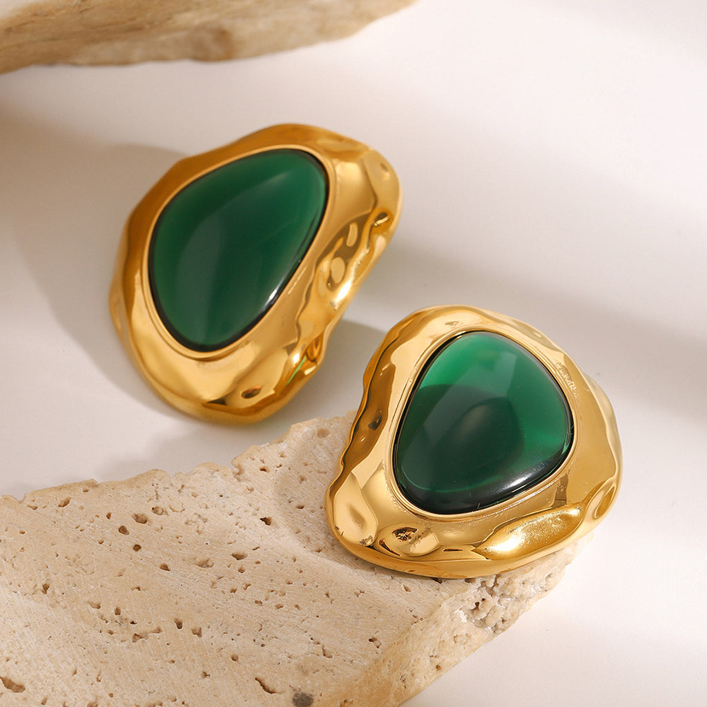 Gold Irregular Texture Emerald Stud Earrings - Bold Organic-Style Statement Jewelry for Women (Party/Formal/Casual Glam Wear)
