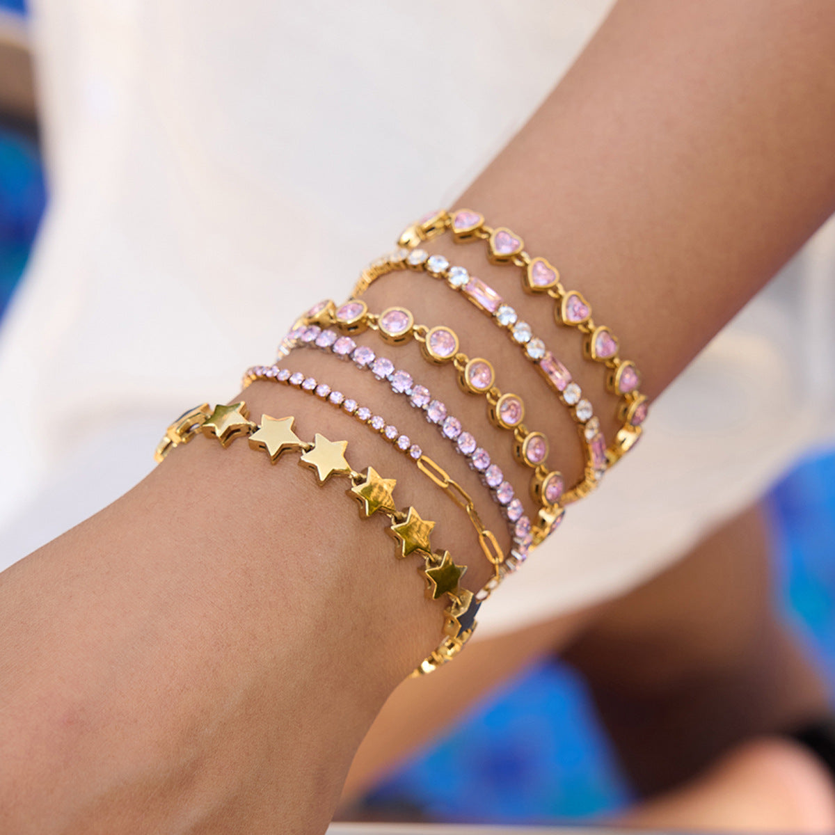 18k Gold Tone Bracelet Set - Star/Pink Crystal/Heart Designs | INS-Style Stackable Daily/Brunch Wrist Jewelry for Women
