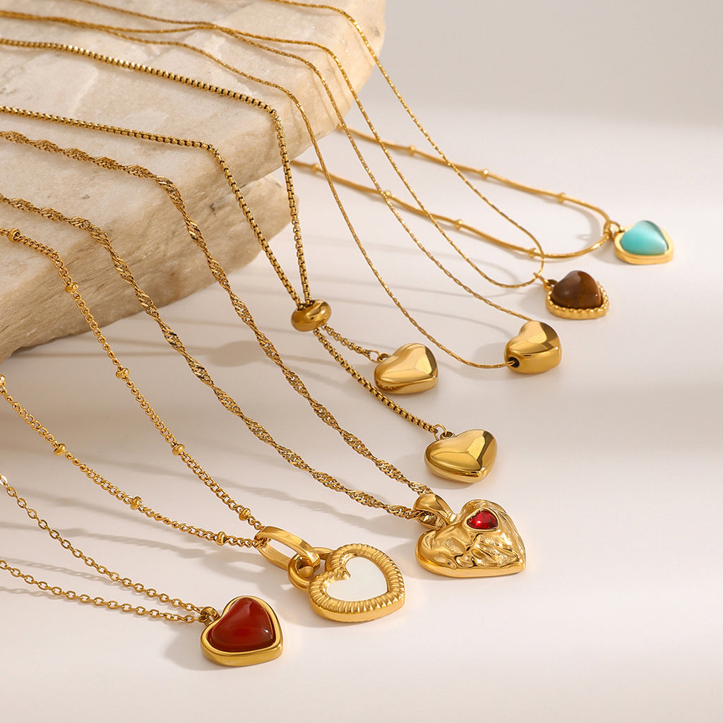 18K Gold-Plated Heart Pendant Layered Necklaces Set | Agate, Turquoise & White Mother-of-Pearl Accent Jewelry | Trendy INS-Style Dainty & Chunky Heart Necklaces for Women | Versatile Daily Wear & Party Layered Jewelry Collection