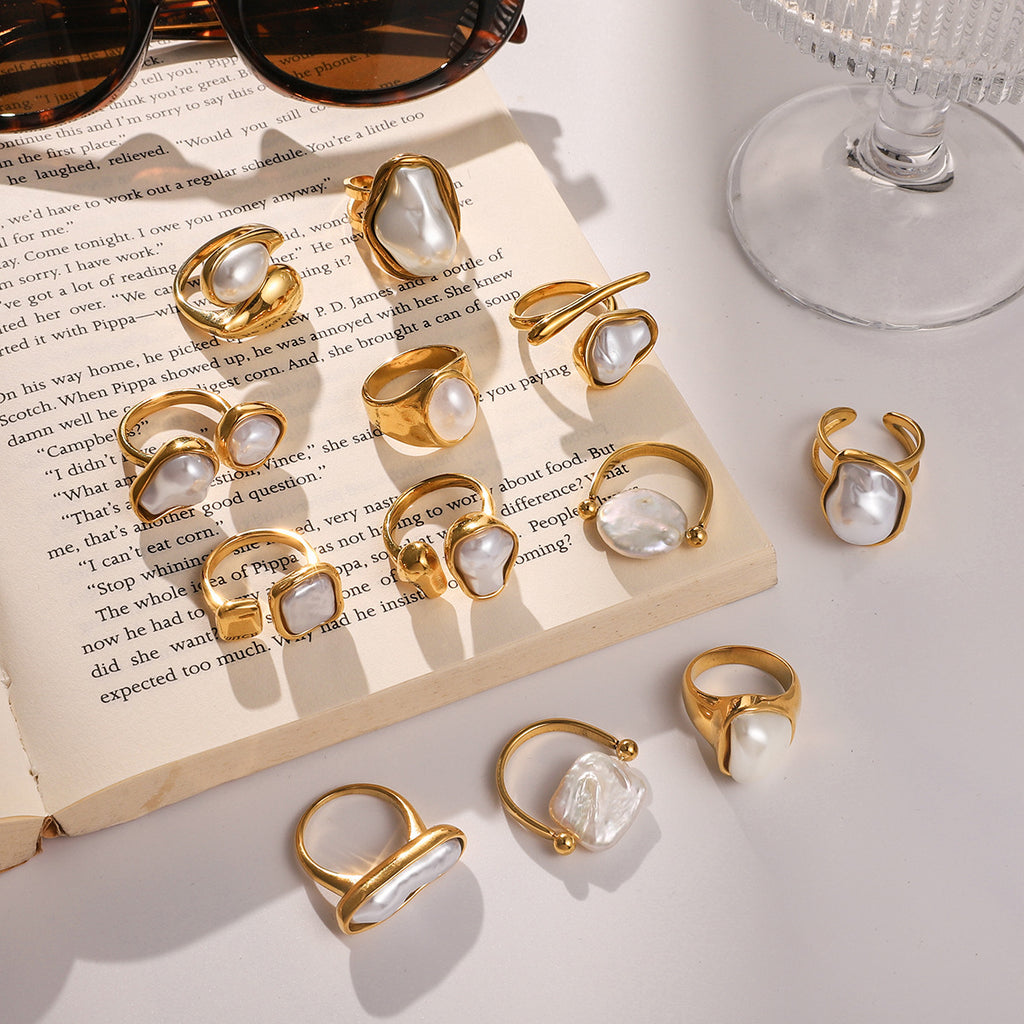 Gold Baroque Pearl Multi-Style Stackable Ring Set - Irregular Pearl (Open/Closed Band) Statement Jewelry for Women