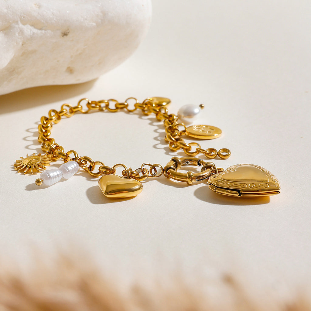 18k Gold Tone Heart Pendant Bracelet Set - Pearl/Star/Bow Charms | INS-Style Stackable Daily/Brunch Wrist Jewelry for Women