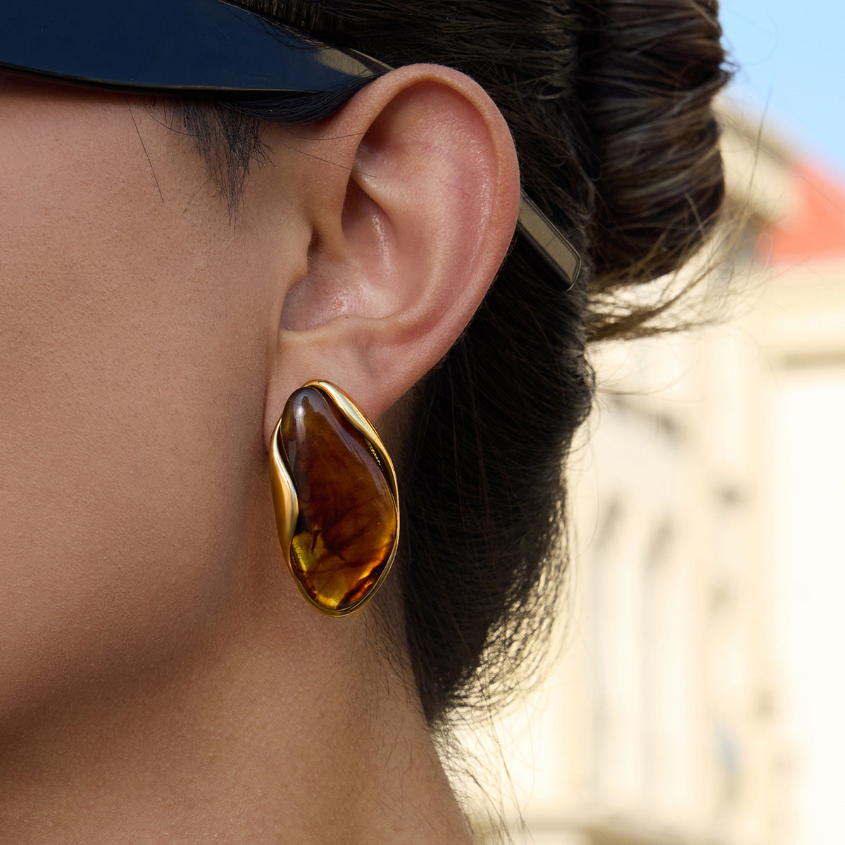 Gold Frame Irregular Gem Drop Earrings - White/Amber/Green/Pink Resin Stone Options | Retro Organic Statement Jewelry for Women (Daily/Brunch/Casual Wear)