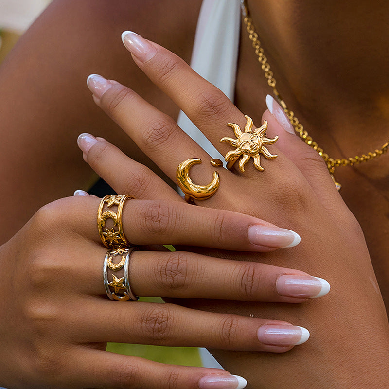 Gold & Silver Celestial Ring Set - Sun/Moon/Star Charms | Boho Layered Statement Jewelry for Women (Daily/Casual/Boho Outfit Wear)